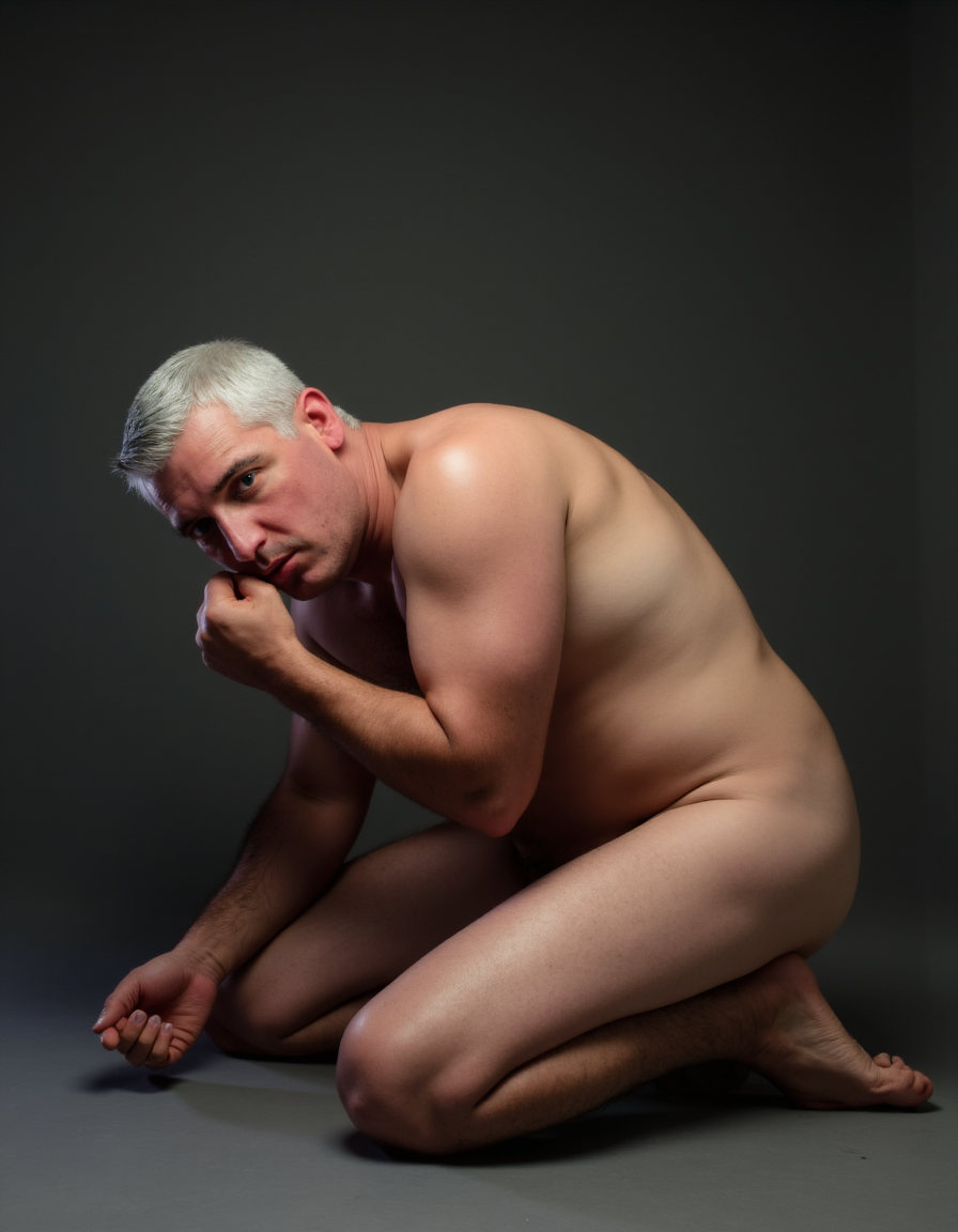 Sumiso de mediana edad de rodillas y desnudo, imagen realista 