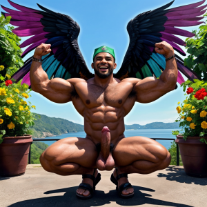 Dos hombres machos musculosos desnudos delgados muy viriles con pene grande y testículos grandes y peludos ⛓️ 🌞 🏞️. Están de pie, 🥀. Tienen sandalias verdes en sus pies. Tienen gorras blancas en sus cabezas. Enseñan sus penes erectos para estar felices. Doblan el brazo derecho y enseñan el músculo bíceps del brazo derecho. Están agachados. En las paredes hay macetas con geranios. Están agachados. Tienen alas en sus espaldas.