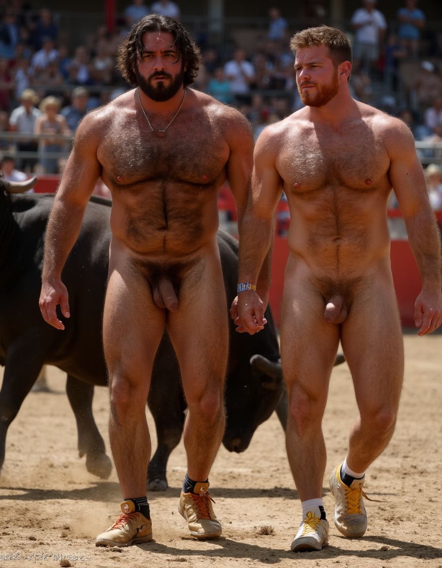 Un torero español musculoso y velludo de 50 años, con torso atlético y marcado, se muestra completamente desnudo, destacando su pene de 30 cm de longitud y 5 cm de grosor, perfectamente formado y rodeado de un denso vello púbico castaño oscuro. Sus testículos, perfectamente formados, cuelgan de forma prominente. La piel bronceada y sudorosa resalta su musculatura definida, con pectorales y abdominales bien marcados y sin grasa. El cabello largo y castaño oscuro está despeinado y sudoroso, con gotas de sudor resbalando por su frente y mejillas. Una barba incipiente y un vello corporal denso que se extiende por su pecho, piernas y brazos completan su apariencia viril. Lleva zapatillas doradas en sus pies.

A su lado, un hombre musculoso y velludo de 30 años, completamente desnudo, muestra un pene de 30 cm de longitud y 4 cm de grosor, hermoso y perfecto, rodeado de un denso vello púbico pelirrojo. Su piel bronceada y sudorosa muestra una musculatura definida, con pectorales y abdominales muy marcados. Tiene cabello pelirrojo despeinado y sudoroso. Tiene una barba pelirroja densa pero bien recortada. El vello corporal pelirrojo denso cubre su pecho, y tiene mucho vello pelirrojo en sus piernas y brazos, lo que realza su apariencia masculina y atlética. Están andando en la plaza de toros con un toro salvaje.

Ambos hombres se encuentran en una plaza de toros, con sombras que resaltan su musculatura y vello corporal, creando un ambiente sensual y cargado de tensión. Están en pleno acto de pasión, con sus penes erectos y testículos prominentes ,destacando su musculatura, vello corporal y atributos viriles en una imagen impactante y llena de energía. La escena está llena de sensualidad y poder, con los dos hombres como protagonistas, en un ambiente cargado de pasión y erotismo. La imagen es híper realista, con detalles de alta calidad, y muestra la unión de los dos hombres en un acto de pasión y dominio, con sus cuerpos musculosos y velludos completamente desnudos y visibles, mostrando su excitación y pasión en cada detalle. Tienen sus penes erectos. Están totalmente desnudos. Tiene un pene de 30 cm de longitud y 5 cm de diámetro.