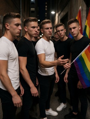 Cinco hombres jóvenes con aspecto serio posan en un callejón estrecho y oscuro, iluminado por luces urbanas nocturnas entre paredes de ladrillo y edificios altos. Visten camisetas ajustadas blancas y negras, pantalones negros y zapatillas, con una estética sobria y coordinada que resalta sus cuerpos atléticos y expresiones tensas. Uno de ellos, situado en el centro, extiende la mano hacia una bandera arcoíris del orgullo LGBTQ+ que otro sostiene parcialmente desplegada en primer plano, mientras al fondo aparece otra bandera multicolor elevada. La escena transmite un ambiente de protesta, identidad y confrontación silenciosa, con un grupo masculino reunido en un entorno urbano nocturno.