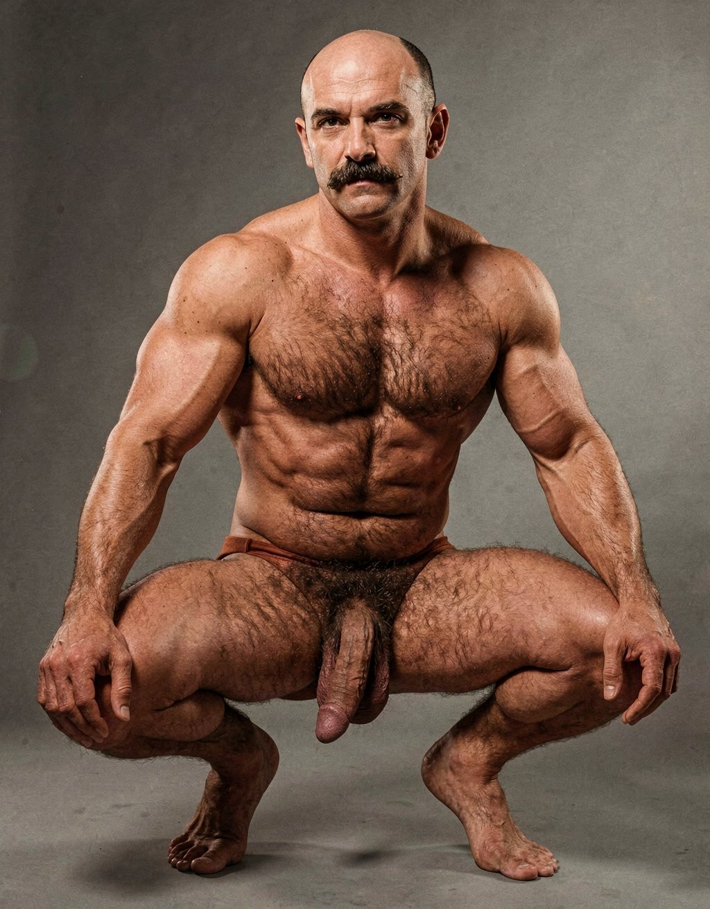 Muscular naked man squatting, with a very defined torso, marked abs, strong arms, and a hairy chest, posing front-facing against a gray studio background. He has a bald head, dark mustache, and a serious, intense expression directed at the camera. The low posture highlights his powerful thighs, spread legs, feet planted on the floor, and hands holding his knees; body hair is abundant on the chest, pubis, and legs. The penis and testicles are visible in the center of the composition, with no clothing or accessories, within a direct physical portrait of an athletic, masculine, bodybuilding aesthetic.