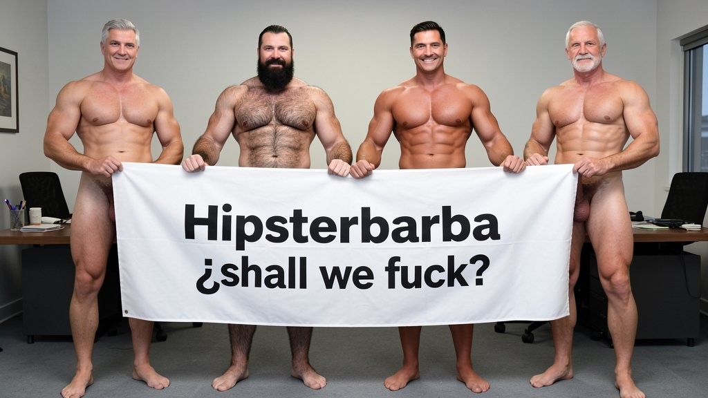 Four naked muscular men holding banner text (Hipsterbarba amor) ultra high quality 8K photorealistic: El Comandante Spanish military leader 45 years short gray hair stern commanding face muscular trained body 185cm 85kg standing far left holding left edge of banner with both hands completely naked massive erect uncircumcised penis 25cm thick veiny shaft visible below banner heavy balls alpha dominant stance, Soldado Bartolo Spanish soldier 35 years thick dark full beard short hair very hairy muscular chest arms legs groin 180cm 80kg standing center-left holding banner completely naked large erect uncircumcised penis 18cm thick visible hairy balls masculine hairy build playful smirk, Superman alien superhero 195cm 100kg perfect bronzed smooth hairless skin short black hair with characteristic curl bright blue eyes massive superhuman muscles standing center-right holding banner completely naked enormous erect penis 23cm steel hard thick shaft visible smooth heavy balls god-like physique confident smile, General Rodolfo Castaños 60 years short gray military hair thick gray mustache experienced muscular body 175cm 75kg standing far right holding right edge of banner completely naked thick erect penis 20cm visible mature heavy balls military bearing knowing expression, all four men standing in horizontal row full body visible head to feet holding between them large white fabric banner at chest level with bold black letters spelling Hipsterbarba ¿follamos? question mark clearly readable professional typography banner stretched tight all four erect penises balls completely visible below banner military office background professional studio lighting 8K photorealistic resolution masterpiece quality inviting expressions.