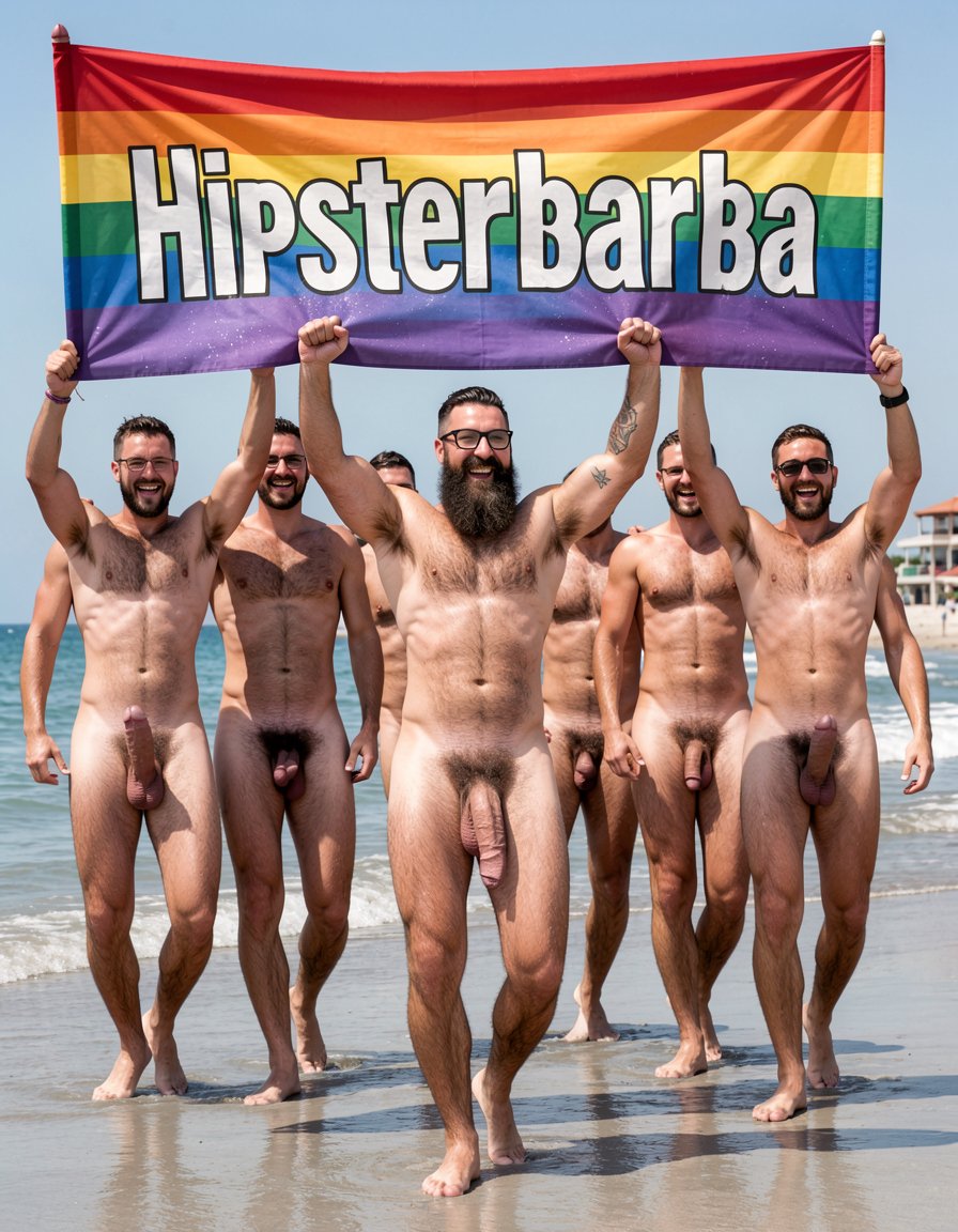 Photorealistic cinematic scene of a gay pride demonstration on the shoreline of El Playazo nudist beach, Vera Playa, Almería. Bright midday Mediterranean sun, gentle waves on the wet sand, chiringuito El Pirata visible in the background. Hipsterbarba, 40 year old Spanish muscle bear, 180cm 80kg 8% body fat, completely dry shredded six-pack with deep cuts and visible linea alba, dense dark chest hair, treasure trail to thick black pubes, zero belly, rounded developed pecs with small dark hard nipples, broad shoulders, highly vascular muscular arms with small black tattoo 