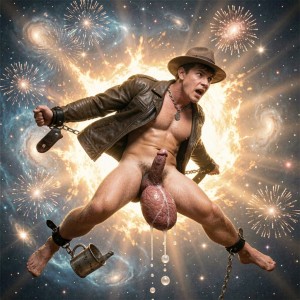 Un hombre desnudo con sombrero marrón y chaqueta de cuero aparece suspendido en una escena surrealista de estética cósmica, con las piernas abiertas, expresión de sorpresa y el torso iluminado por una gran explosión dorada a su espalda. Lleva grilletes en muñecas y tobillos unidos por cadenas, una de ellas sujeta a una pequeña regadera metálica, mientras su pene y escroto aparecen exageradamente agrandados y centrados en la composición, con gotas cayendo hacia abajo. El fondo combina galaxias espirales, estrellas brillantes, nebulosas y fuegos artificiales, creando una mezcla absurda de fantasía espacial, bondage, desnudez masculina y humor visual provocador.