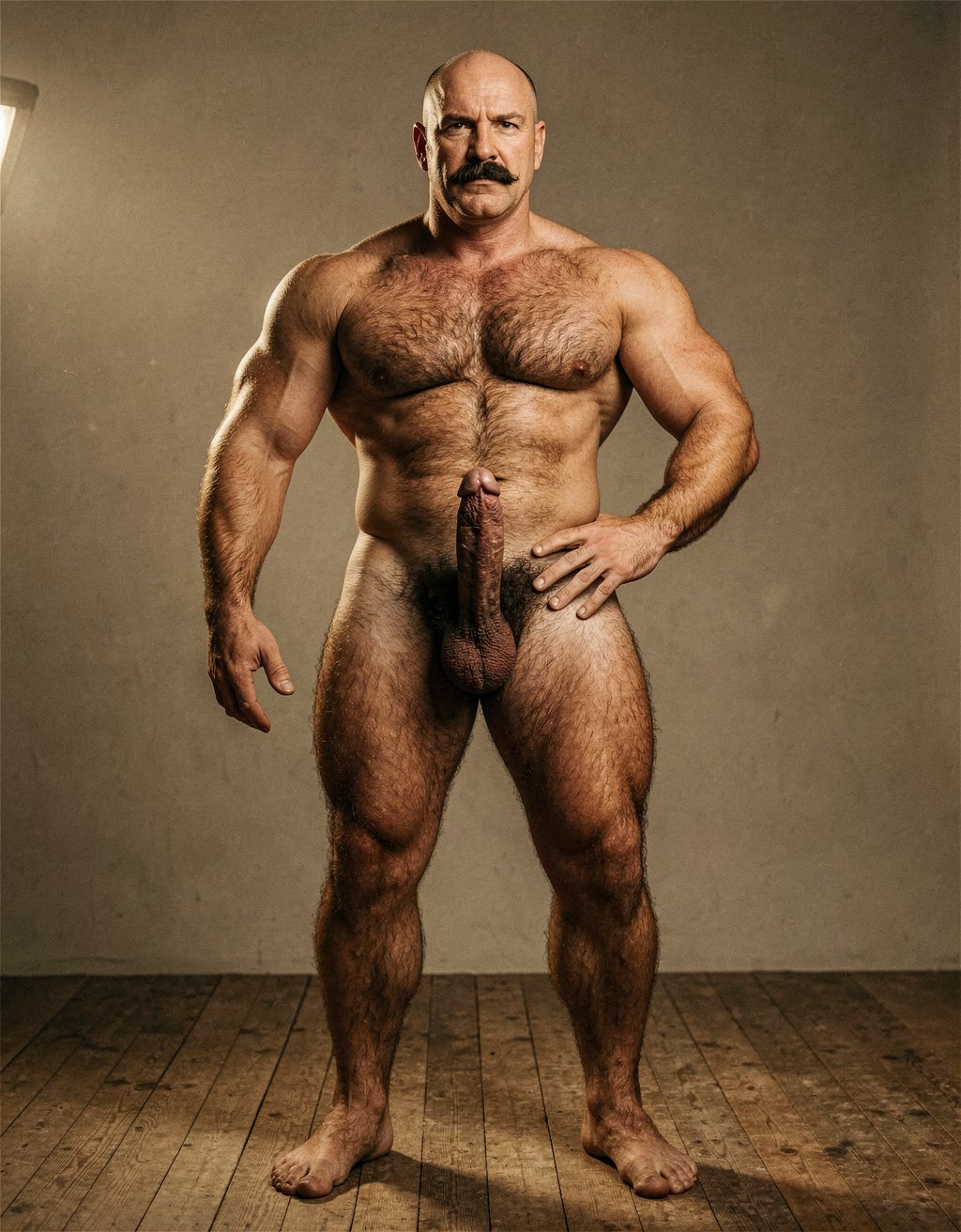 Mike Morris, a powerfully built 32-year-old man with advanced male pattern baldness and a thick dark brown handlebar mustache, stands naked in a warmly lit 1970s studio, his muscular body covered in dense dark brown hair across his broad chest and thick forearms, his erect penis fully exposed and standing long and thick, the prominent glans catching the light, heavy testicles hanging low beneath a dense patch of dark pubic hair. His bare feet are planted firmly on a worn wooden floor, the definition of his calf muscles and quadriceps sharply visible, one hand loosely at his side, the other resting on his hip, his expression intense and direct. Soft golden studio key light from above-left sculpts every detail of his defined pectorals, abdominal six-pack, and the veins running along his forearms and the dorsal side of his erect shaft, with deep shadows under his muscles, the image rendered in ultra-sharp focus with rich warm tones and subtle film grain, capturing the iconic Colt Studio aesthetic at its highest resolution.