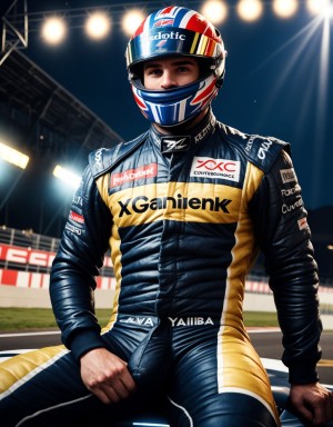 Hombre musculoso semidesnudo, pene visible, torso desnudo, con traje de Fórmula 1 parcialmente quitado, mostrando pecho y abdomen definidos, sentado en un coche de Fórmula 1, casco en mano, sonriendo confiadamente, fondo de boxes con mecánicos, iluminación vibrante, texturas hiperrealistas, foco en la figura masculina y el coche