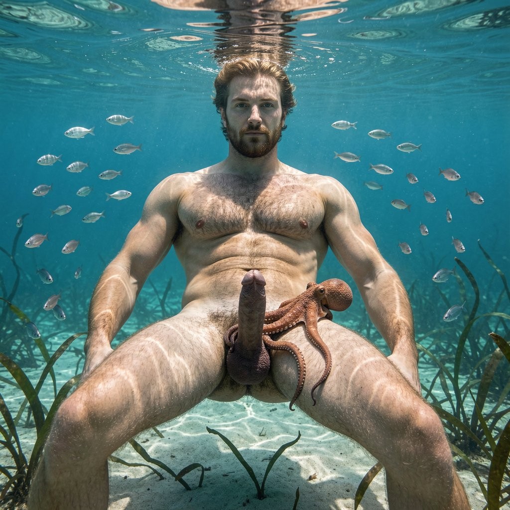 **

Alfredo se hunde lentamente en la profundidad cristalina del mar Mediterráneo, suspendido varios metros bajo la superficie en la columna de agua azul turquesa, completamente rodeado de un banco de pequeños peces plateados que nadan en círculos a su alrededor, largas hebras de algas verdes y marrones ondeando suavemente con la corriente y un pequeño pulpo de color rojizo-marrón flotando con curiosidad cerca de su muslo derecho, explorando con sus tentáculos el espacio junto a su polla y huevos. La escena se captura en una composición hiperrealista vertical de cuerpo entero desde las plantas de los pies hasta la coronilla, con perspectiva natural perfecta y cero deformaciones anatómicas.

Alfredo, exactamente 40 años, 1,90 m, 78 kg con 6% de grasa corporal, muestra su físico old-school extremadamente definido con taper en V dramático, hombros masivos redondeados, pecho grueso y estriado y una cintura imposiblemente estrecha. Su rostro angular y muy masculino se ve relajado bajo el agua, con ojos verdes grandes e intensos abiertos, mandíbula ancha cuadrada con hoyuelo muy profundo, pómulos altos y pelo corto castaño con matices dorados flotando lentamente en la corriente. Su denso vello corporal castaño oscuro uniforme cubre profusamente sus pectorales pesados, abdominales marcados, brazos, piernas y un tupido pubis en forma de diamante que sube hasta el ombligo. Su enorme polla de 24 cm de largo por 18 cm de perímetro, venosa, con glande prominente, corona marcada y uretra visible, junto a sus testículos grandes y colgantes (el derecho exactamente 9 mm más bajo), se balancean y flotan con naturalidad en el agua. Sus glúteos redondos, firmes, musculosos y muy velludos permanecen relajados.

Justo encima, en la superficie, Aaron flota y nada tranquilamente a braza, con su cuerpo atlético y definido medio sumergido. Tiene 30 años, 1,83 m, 75 kg con 6% de grasa, taper en V suave, rostro angular atractivo con mandíbula ancha y hoyuelo profundo, ojos azules brillantes, pelo rubio corto ondulado con reflejos dorados mojado y peinado hacia atrás. Su polla circuncidada de 20 cm por 18 cm de perímetro, con glande grande al descubierto, y sus testículos grandes y colgantes (el derecho 4 mm más bajo) flotan justo bajo la línea del agua, totalmente visibles a través del mar cristalino. Sus glúteos firmes y redondos rompen ligeramente la superficie con cada brazada.

El agua es excepcionalmente clara, con rayos de sol del mediodía penetrando desde la superficie y creando caustics y suaves god rays volumétricos que iluminan ambos cuerpos. El fondo arenoso oscuro de El Playazo se intuye lejano bajo Alfredo, mientras la superficie brillante con pequeñas olas queda justo encima de Aaron. Calidad fotorealista ultra-detallada 8K, anatomía perfecta, tonos de piel naturales bajo el agua, cada hebra de vello corporal moviéndose con la corriente, refracción realista del agua, peces, algas y pulpo precisos. Atmósfera cinematográfica con fuerte contraste entre los tonos azules profundos del fondo y la luz solar intensa de la superficie.