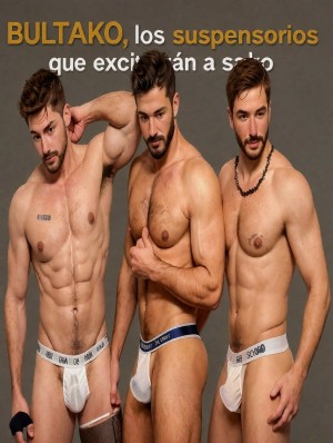 Tres hombres musculosos posan semidesnudos sobre un fondo gris en una fotografía promocional de ropa interior masculina, llevando suspensorios blancos tipo jockstrap que resaltan el torso, los abdominales marcados y las piernas. El modelo de la izquierda inclina la cabeza y apoya una mano tras el cuello, con una muñequera negra y una liga en el muslo; el del centro aparece de perfil, con barba, vello corporal y una pose más cerrada; el de la derecha mira de frente con un collar negro y una actitud relajada. En la parte superior aparece el texto publicitario “BULTAKO, los suspensorios que excitarán a…” en letras blancas y doradas, sugiriendo una campaña de moda íntima masculina, sensualidad y fitness.