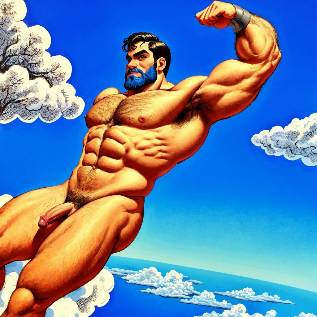 Un hombre velludo musculoso totalmente desnudo está volando acostado en horizontal como superman sobre una nube en cielo azul. Tiene pene grande y efecto.