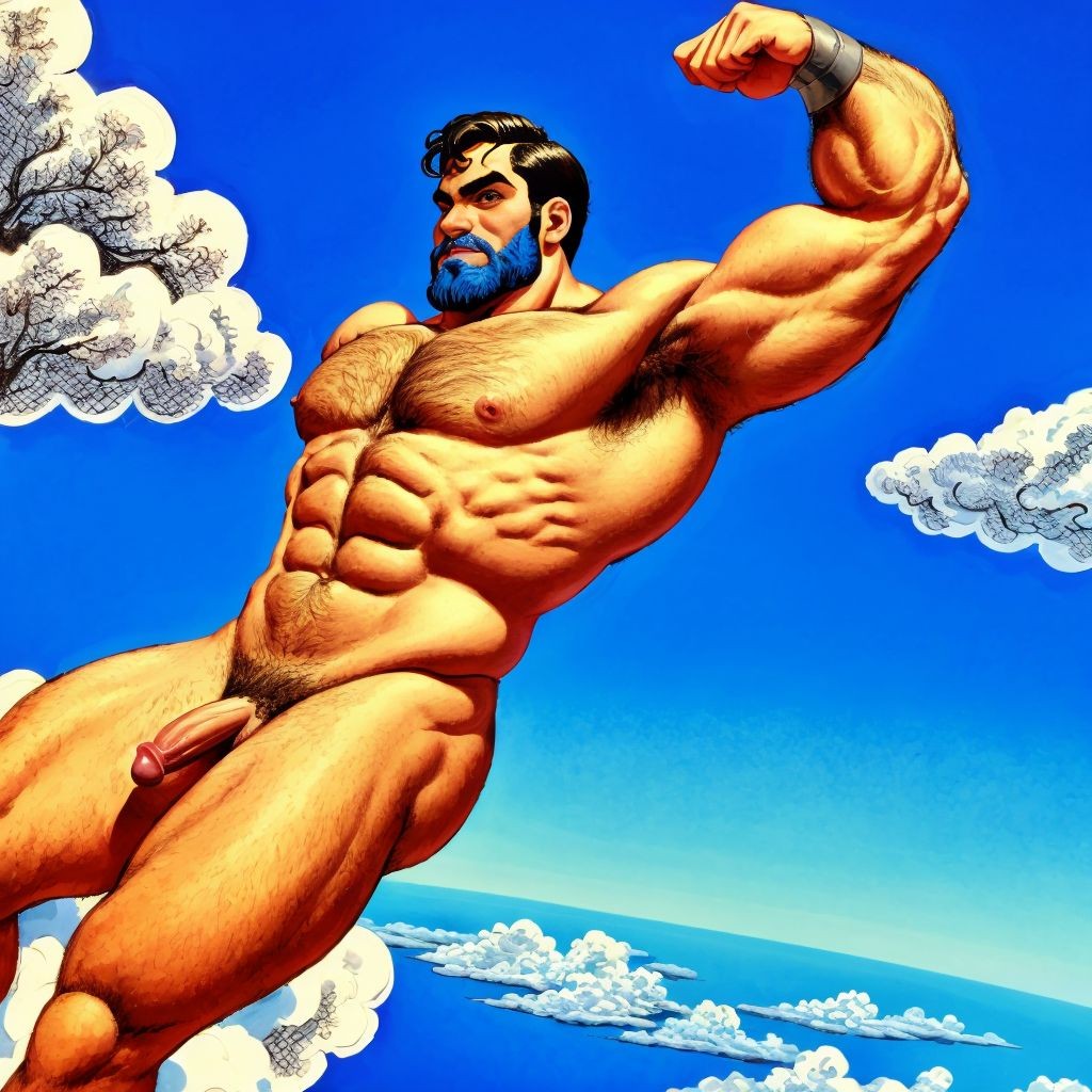 Un hombre velludo musculoso totalmente desnudo está volando acostado en horizontal como superman sobre una nube en cielo azul. Tiene pene grande y efecto.