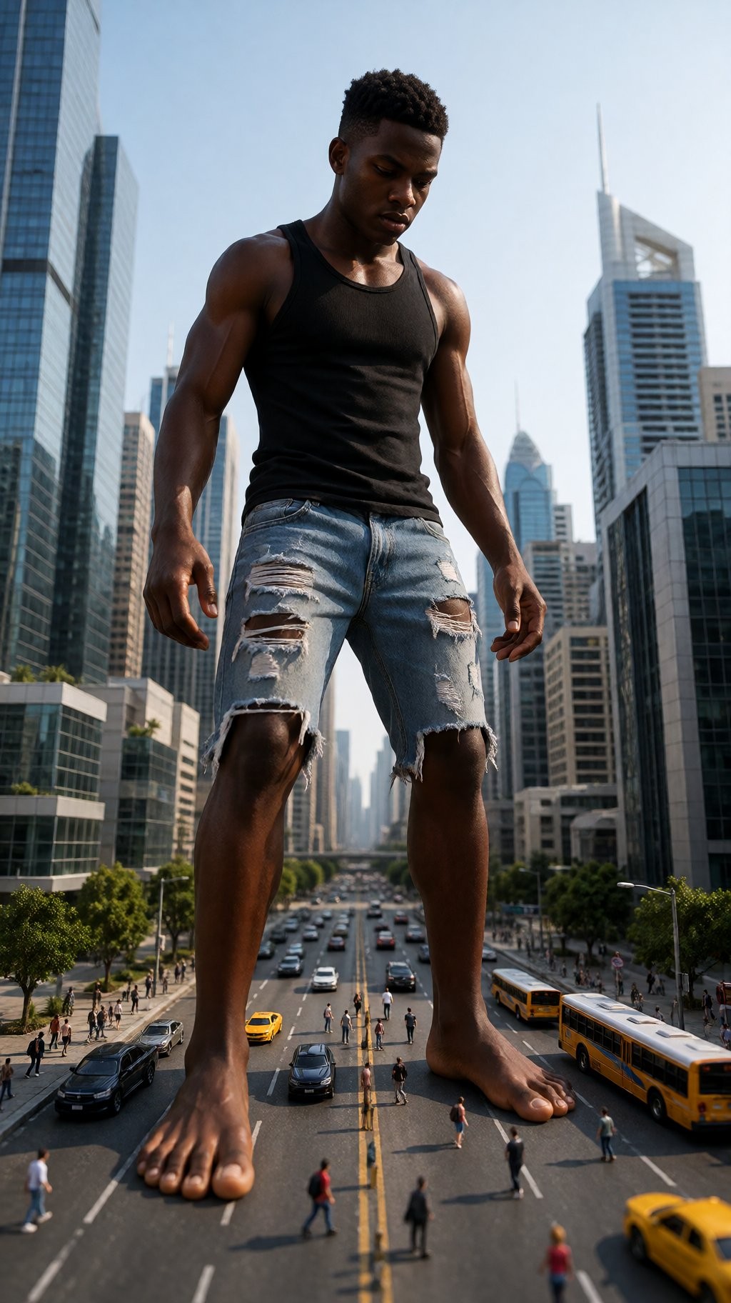 A man of gigantic proportions walks barefoot along an urban avenue surrounded by modern skyscrapers, with cars, yellow taxis, buses, and tiny pedestrians circulating at his feet. He wears a tight black sleeveless t-shirt that highlights his muscular arms and short, worn, torn denim jeans, creating a scene of fantasy and cinematic style in the heart of the financial district. His serious expression and posture leaning downward suggest that he attentively observes the miniature city beneath him, while the vertical perspective emphasizes the colossal scale, the traffic, the contemporary architecture, and the contrast between the giant human body and the metropolitan landscape.