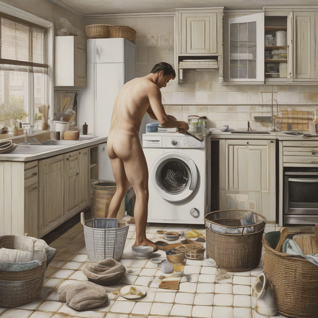A naked man, seen from behind in a bright, messy kitchen, handles clothing or utensils on a front-loading washing machine located under the countertop; his buttocks and full body are exposed, while the penis is not visible due to the angle. The room combines domestic laundry and kitchen tasks, with beige cabinets, a sink next to a window with blinds, a white refrigerator, an oven, light-colored tiles, and wicker baskets full of clothes. On the floor there are towels, garments, containers, bowls, and scattered objects, creating an intimate, everyday, chaotic scene of cleaning at home.