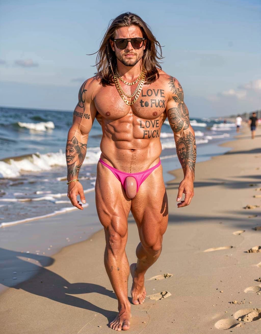 Hombre musculoso caminando por la orilla de una playa soleada, con el mar y las olas a un lado y arena con huellas bajo sus pies. Lleva gafas de sol oscuras, melena larga suelta, varias cadenas doradas y un bañador tipo tanga rosa muy ajustado con una pieza frontal que marca claramente el paquete. Su torso está definido, con abdominales muy marcados, pecho descubierto y numerosos tatuajes en brazos, hombros y pecho, incluyendo frases grandes como “LOVE to FUCK”. La escena tiene un estilo veraniego y llamativo, con luz cálida, fondo desenfocado de bañistas y una actitud segura mientras avanza descalzo por la costa.