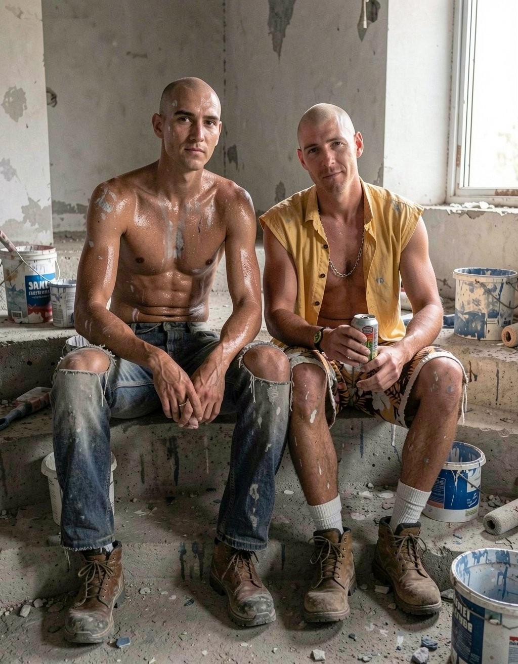 Dos hombres calvos posan sentados en unos escalones de una estancia en obras, con paredes desconchadas, restos de yeso y varios cubos de pintura alrededor. El de la izquierda está sin camiseta, con el torso musculado cubierto de salpicaduras blancas, vaquero roto en las rodillas y botas de trabajo manchadas, mirando fijamente a la cámara con expresión seria. El de la derecha lleva una camisa amarilla sin mangas abierta, el pecho al descubierto con una cadena metálica, pantalones cortos estampados, calcetines blancos y botas, sosteniendo una lata de bebida mientras sonríe ligeramente. La escena transmite un ambiente de reforma, trabajo manual y pintura, con luz natural entrando por una ventana lateral y un entorno polvoriento, desgastado y realista.