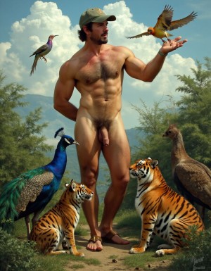 Hombre musculoso desnudo, tiene mucho vello por todo su cuerpo. Su polla es grande y perfectamente formada y con el glande descubierto sin pellejo y a la vista. Lleva una gorra la cabeza y tiene sandalias marrones en sus pies. Su brazo derecho hacia arriba con la mano derecha detrás de la cabeza. Su cintura es muy estrecha , está en un entorno verde rodeado de pavos reales, sobre la palma de su mano izquierda se posa un jilguero, un tigre se acerca , desde el cielo lleno de blancas nubes baja un anguila 