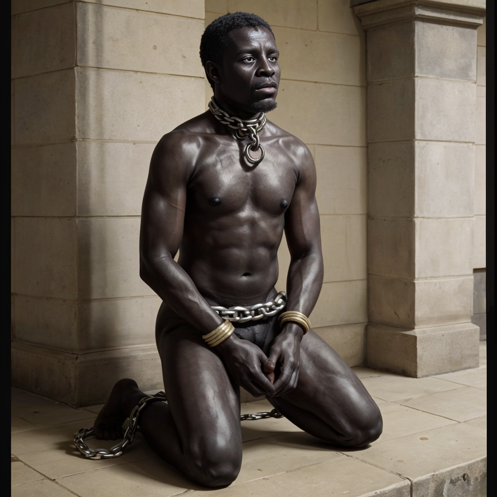 Naked, muscular Black man kneeling on a stone floor, with a shiny, defined torso, his hands together covering the penis area and a serious, distant expression directed to one side. He wears a thick metal collar with rings around his neck, shackles on his wrists and heavy chains that also encircle his ankles, reinforcing a scene of captivity, submission, or theatrical representation of slavery. The setting appears to be a classical beige stone building, with columns, pilasters, and large architectural blocks that create a solemn, cold, and monumental atmosphere, while the side lighting highlights the skin, muscles, chains, and vulnerable posture of the kneeling body.