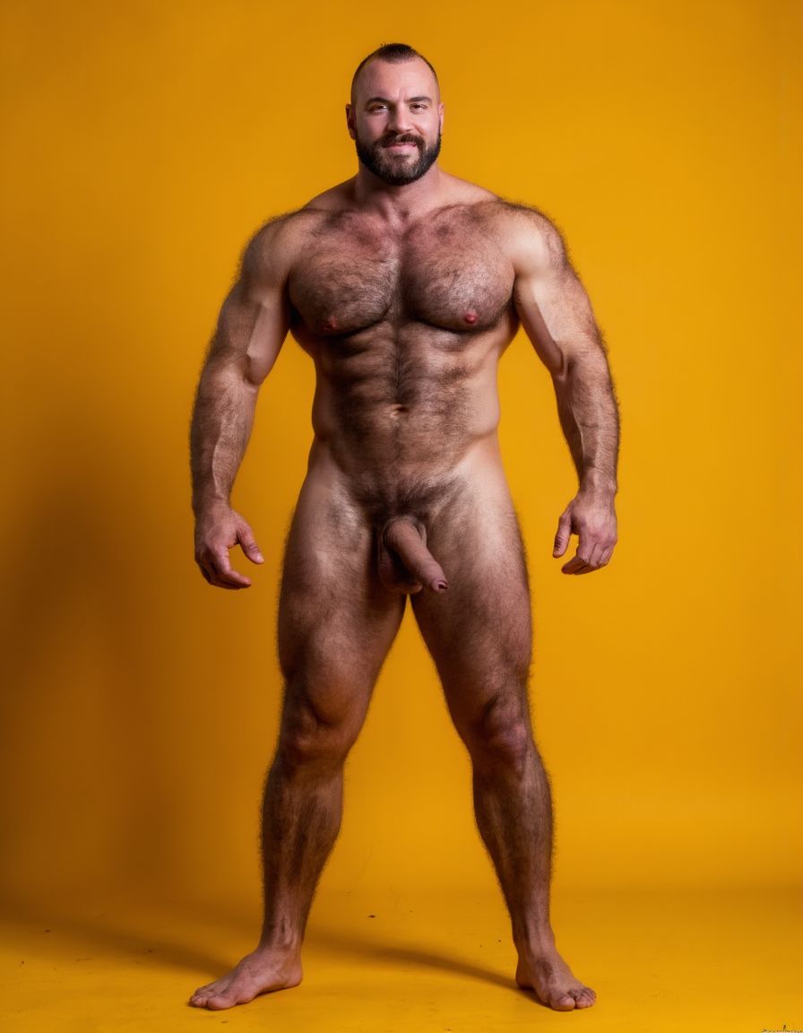 hombre culturista de 35 años posando desnudo de cuerpo completo, sonriente, tensa los bíceps, tiene un pene de 40 cm de longitud y 7 cm de diámetro, grandes dorsales, piernas, cintura estrecha, un poco calvo, grandes pezones rosas. Tiene un pene de 40 cm de longitud y 7 cm de diámetro. Tiene mucho vello en pecho y brazos y piernas. Tiene testículos de 10 kg de peso y están colgando. Tiene pies con sus uñas rojas. Fondo amarillo oscuro.