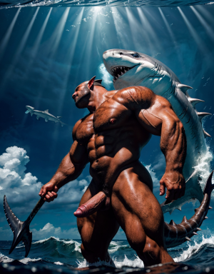 Neptuno es dios de los mares, las tempestades y los vientos. Es un dios iracundo y malhumorado, incluso violento. Está desnudo. Tiene un pene grande y largo. Tiene mucho vello. Está matando un tiburón en las profundidades del océano.