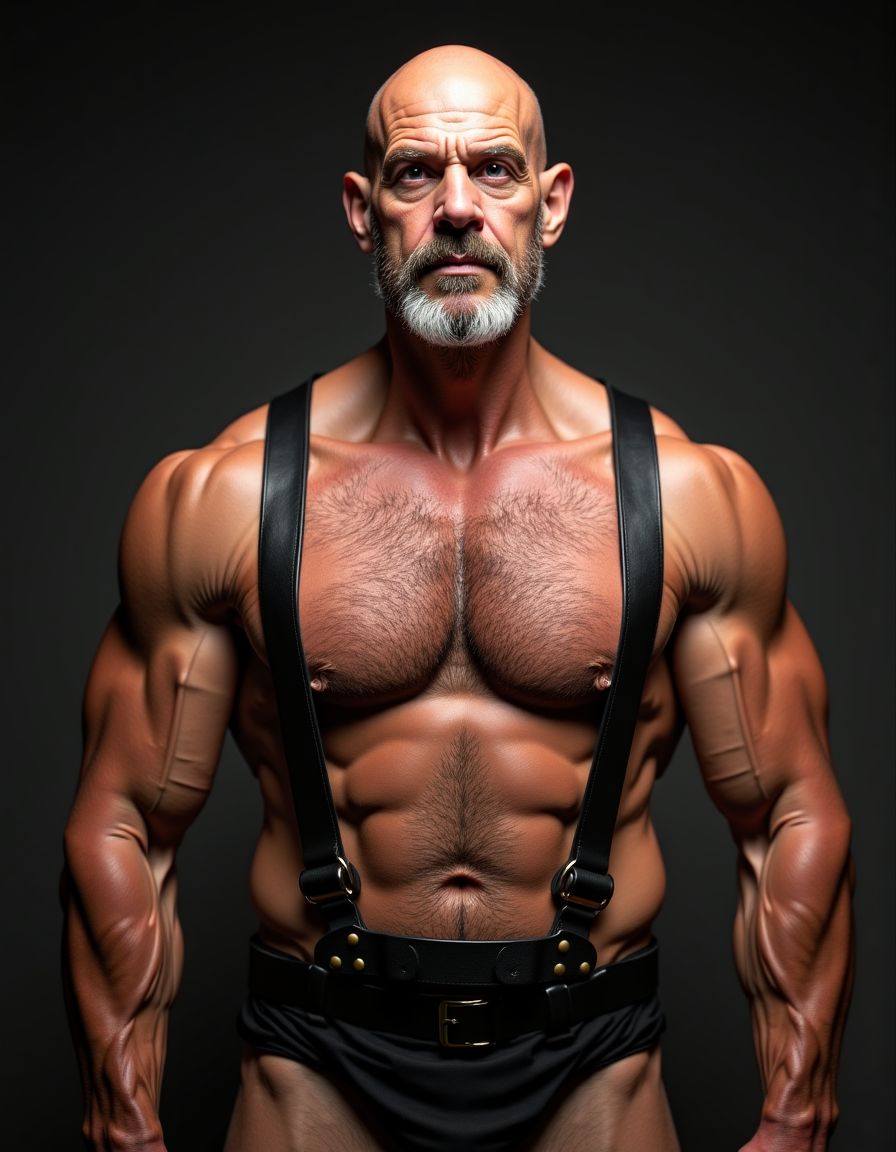 Hombre maduro de 60 años con calvicie total y barba estilo candado, poseedor de una complexión musculosa bien definida. Lleva un arnés de cuero negro ajustado al torso, realzando su físico atlético. La parte inferior de su cuerpo está cubierta solo por un dispositivo de enjaulamiento que rodea su erección, destacando la prominencia de su miembro viril. La textura del cuero del arnés contrasta con la suave piel de su torso, mientras que su barba bien definida y su cabeza calva le otorgan un aire de autoridad y masculinidad. La iluminación del entorno resalta los contornos de su cuerpo, enfatizando cada músculo y cada detalle de su anatomía, incluyendo el relieve de su erección contenida. La escena está capturada en un estilo hiperrealista, con detalles de alta calidad que permiten apreciar cada textura y cada sombra, ofreciendo una visión intensa y detallada del personaje.