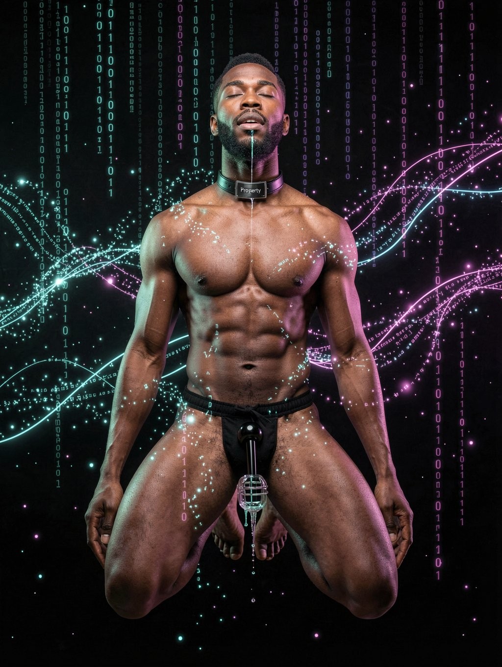 Hombre negro desnudo con cuerpo musculoso y definido, arrodillado o suspendido sobre un fondo oscuro de estética futurista, con los ojos cerrados y una expresión serena. Lleva un collar negro tipo choker con una pequeña placa frontal y un arnés negro alrededor de la cintura y las caderas; entre las piernas se aprecia el pene dentro de una jaula metálica de castidad, colgando bajo una tira central. La piel brillante resalta el torso, los abdominales, los muslos y los hombros, mientras líneas luminosas turquesas y rosas, partículas brillantes y columnas de código binario crean una atmósfera digital, cyberpunk y tecnológica, como una composición artística de fantasía erótica y control corporal.
