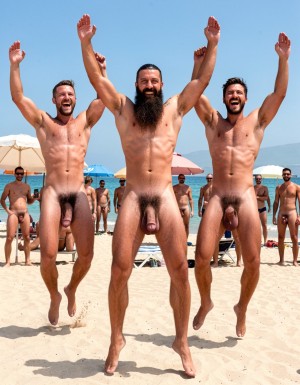 Hyperrealistic photograph captured from behind at the exact peak of the jump at midday on the sand of El Playazo, Vera Playa, Almería, right in front of chiringuito El Pirata. The three of you are completely naked, leaping high into the air with pure joy, seen from a perfect rear view. Legs spread wide open, knees slightly bent, so your hairy asses and tight pink assholes are fully exposed and centered in the frame. Your heavy balls hang low between your spread thighs and your thick cocks swing forward out of sight. Muscular backs, wide lats, rounded shoulders and thick hairy legs are tensed in mid-air while the bright sun lights every detail.

Hipsterbarba is in the exact center of the rear view: 40 years old, 1.80m, 80kg, 8% body fat, extremely defined back muscles with deep cuts, dense black hair covering your shoulders, upper back and ass cheeks, extremely long Bandholz beard visible hanging down the front but seen from behind as it flows past your sides, high fade undercut hair on the back of your head, small “hipsterbarba” tattoo clearly visible on your right biceps. Your muscular hairy ass is spread wide, asshole completely open and on full display in the center of the image, balls swinging heavy between your legs.

To your left, Erik (38, strong hairy build) jumps with legs wide, his hairy muscular ass and pink asshole fully exposed from behind, heavy balls dangling. To your right, Ferran (36, athletic and hairy) also jumps with ass spread, hairy asshole perfectly visible and balls hanging low.

All three of you have your arms raised in victory, laughing out loud with pure happiness. The turquoise sea and the terrace of El Pirata are visible in the background with other naked men watching you from behind, many of them getting hard while they stare at your exposed assholes. Ultra-detailed skin texture, individual ass hairs, sweat flying off your bodies, perfect anatomical accuracy, cinematic midday lighting, pure joyful rear-view exhibition while jumping in the air.