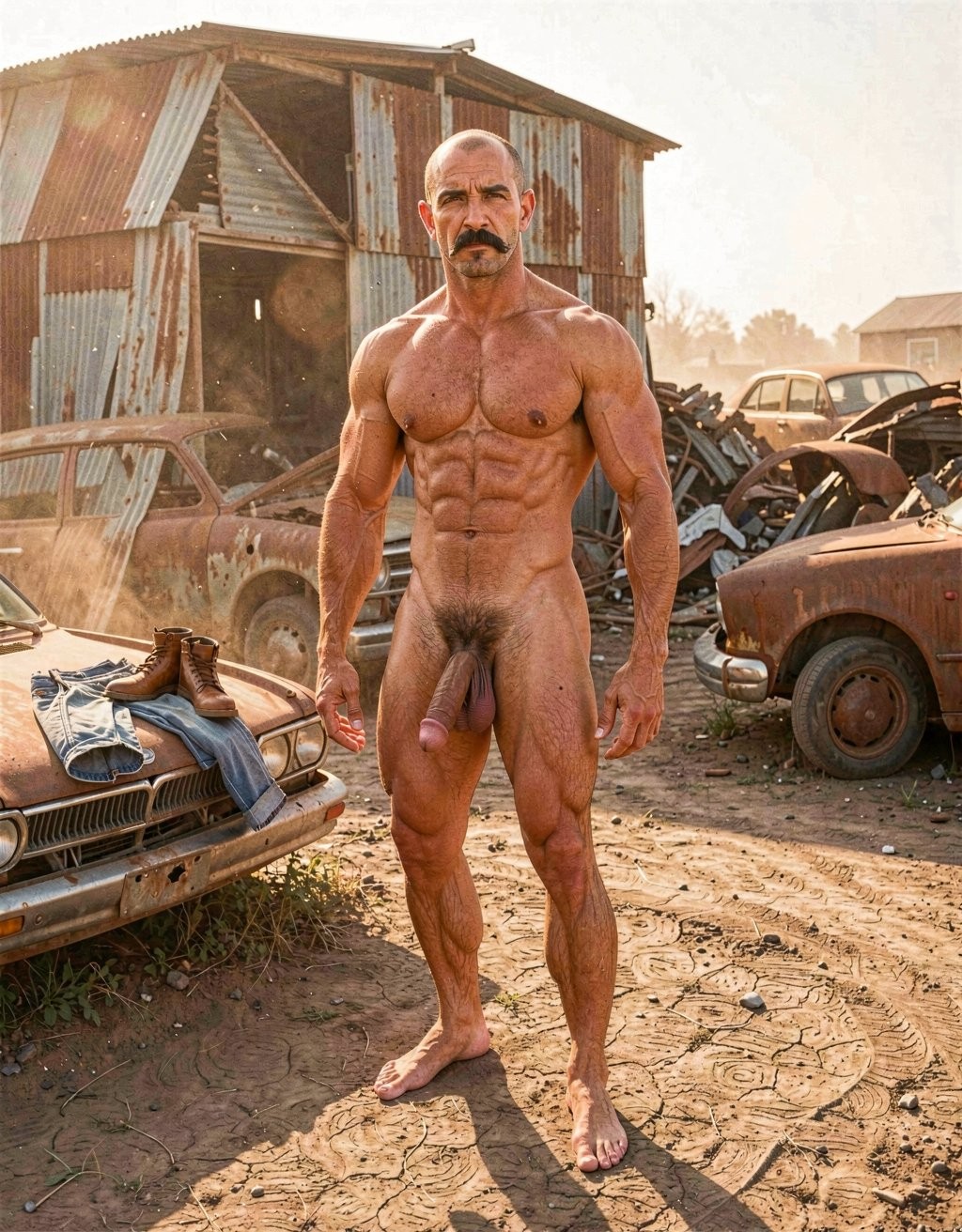 A 32-year-old Mike Morris as Mr. Harris stands completely naked and barefoot in a dusty abandoned scrapyard under the harsh Texas sun, surrounded by rusted car wrecks, crushed metal piles and an old corrugated iron shed with peeling paint. His face is long, square and angular with high prominent cheekbones, a wide defined jaw, and a strong chin with a subtle dimple, his high broad forehead fully exposed under the sun with advanced Norwood III-IV baldness leaving the crown completely smooth and shiny, only short dark brown hair remaining on the sides and back. His thick dense handlebar mustache in dark brown covers his entire upper lip, his serious threatening expression with deep-set dark brown almond-shaped eyes under heavy drooping lids staring directly at the viewer. Heat haze shimmers in the background. His short thick veined neck and developed trapezius muscles connect to massive square pectorals with visible striations, six defined ab blocks, and dense dark brown body hair spreading in a T-pattern across his chest and down to his extremely dense dark brown pubic bush. His thick 24 cm erect cock stands fully engorged at 5 cm wide, pointing upward with prominent thick dorsal veins and a pink-reddish glans fully exposed, the pale shaft skin starkly contrasting with the dark pubic bush. Large low-hanging testicles hang beneath with wrinkled darker skin. His heavily muscled extremely hairy thighs and diamond-shaped calves are covered in dark brown hair. His bare size 44 EU feet are planted on the dry cracked earth. A pair of brown leather work boots and faded blue jeans lie discarded on a rusted car hood beside him, suggesting he just stripped for the scene. Golden late afternoon sunlight casts long shadows across his muscular hairy body, dust particles floating in the warm air, with a 1970s gritty film aesthetic, warm amber and ochre color palette, visible film grain, and the raw documentary-style erotic photography of classic gay porn from that era.