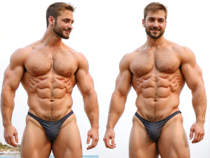 ToonsStiudrender. Gemelos guapos cachas de 30 años en tanga oscuro marcando paquete y todos sus músculos, sonríen. 