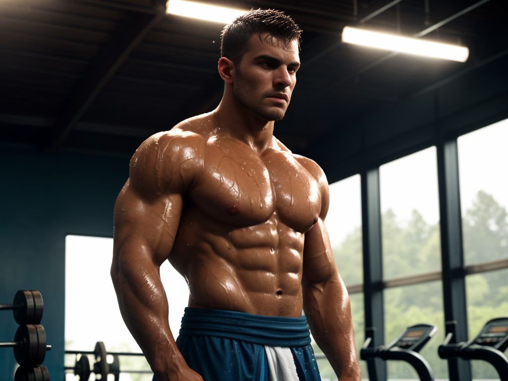 Hombre musculoso de 28 años, jugador de fútbol, cubierto de gotas de agua, parado en un gimnasio, físico atlético, torso desnudo, toalla húmeda en la cintura, piel brillante, sombras dramáticas, expresión serena y cansada, estilo fotorealista, texturas húmedas, fondo desenfocado, enfoque en la forma poderosa del jugador.
