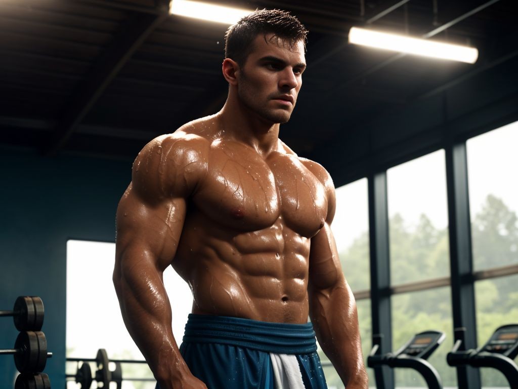 Hombre musculoso de 28 años, jugador de fútbol, cubierto de gotas de agua, parado en un gimnasio, físico atlético, torso desnudo, toalla húmeda en la cintura, piel brillante, sombras dramáticas, expresión serena y cansada, estilo fotorealista, texturas húmedas, fondo desenfocado, enfoque en la forma poderosa del jugador.