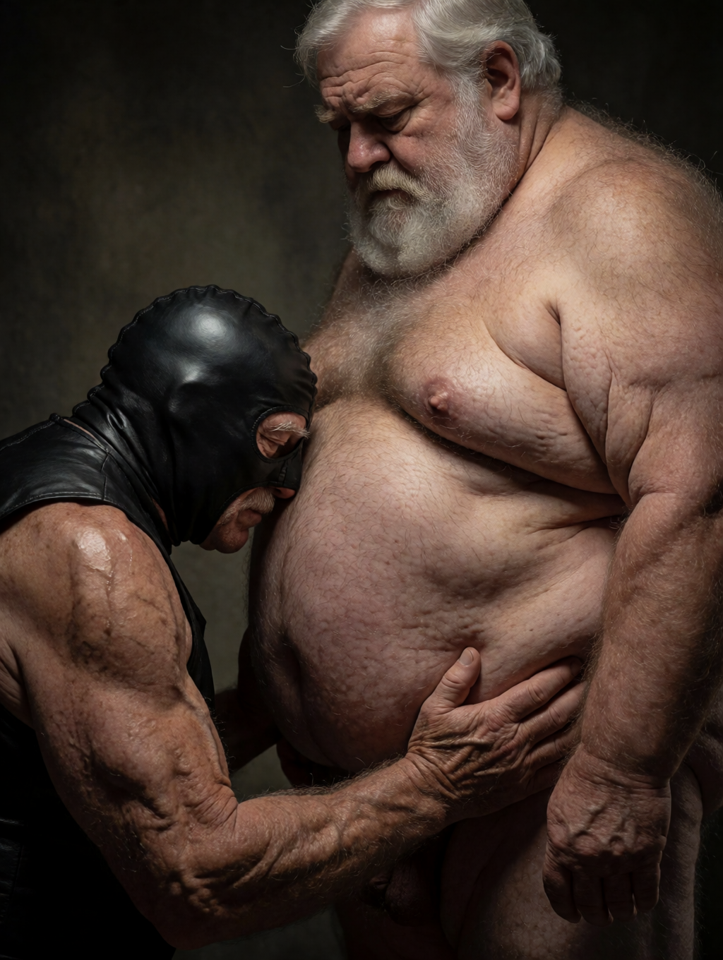 Un hombre mayor desnudo, corpulento y de barba blanca aparece de pie con gesto serio, el torso y el vientre prominente iluminados por una luz dramática sobre un fondo oscuro de estudio. Frente a él, un hombre musculoso con una máscara negra de cuero, estilo BDSM, se inclina hacia su abdomen y la zona púbica, apoyando una mano arrugada sobre el vientre mientras su rostro queda muy cerca del cuerpo del otro. La escena tiene una estética íntima, cruda y teatral, con piel envejecida, pliegues, vello corporal, brazos fuertes y una tensión física marcada entre ambos, evocando dominación, fetichismo, desnudez masculina y fotografía artística de carácter erótico.