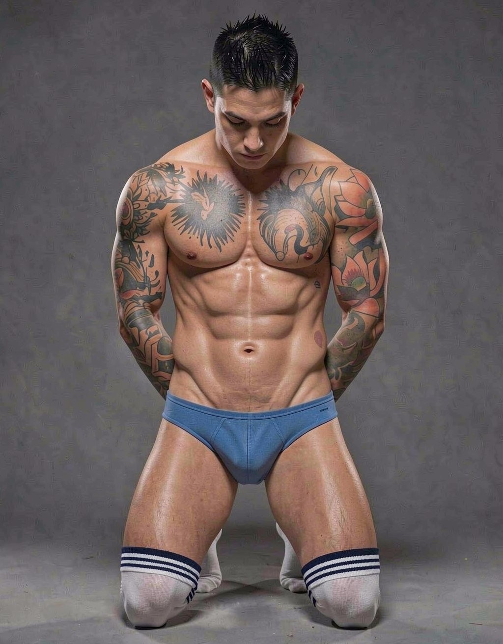 Hombre musculoso arrodillado sobre un fondo gris de estudio, con la cabeza inclinada hacia abajo y las manos colocadas detrás de la espalda, en una pose de fuerza y tensión corporal. Lleva un slip azul ajustado y calcetines blancos altos con dos franjas azul marino, dejando al descubierto el torso definido, los abdominales marcados, los muslos fuertes y la piel ligeramente brillante. Sus brazos, hombros y pecho están cubiertos de tatuajes grandes y coloridos, con motivos de aves, formas ornamentales y diseños tribales que destacan sobre su complexión atlética. La iluminación suave resalta el físico fitness, la simetría muscular y el ambiente sobrio de fotografía de estudio.