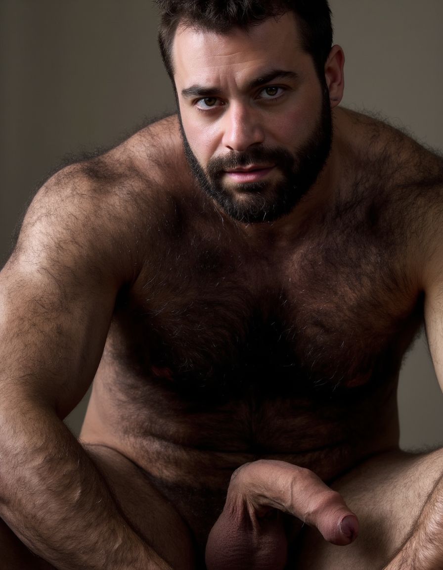 Hombre con mucho vello corporal musculoso totalmente desnudo agachado con pene erecto.   Cara con hoyuelo en barbilla, mentón hendido, el mentón está limpio y bien afeitado, NO BARBA y NO BIGOTE, cara masculina de un hombre totalmente desnudo de cuerpo entero y muy viril y musculoso y guapo y sexi de 40 años que tiene mandíbula fuerte y cuadrada, destacando una fisura vertical marcada en el centro del mentón que es el hoyuelo. La cara es de un hombre español musculoso culturista, torso desnudo, constitución corporal extremadamente desarrollada escultural, boca cerrada en sonrisa torcida arrogante burlona, labios carnosos, ojos verdes claro profundos con mirada penetrante directa a cámara cargada de cinismo y dominancia, cejas pobladas densas, cabello denso despeinado hacia atrás en copete desordenado con mechones rebeldes cayendo sobre frente y sienes mostrando textura natural sin producto, cuello musculoso con nuez prominente visible, trapecios enormes elevados como montañas a ambos lados del cuello, pecho descomunal con pectorales gigantescos separados con hendidura profunda central cada fibra muscular visible bajo piel bronceada cubiertos completamente por vello denso o negro y tupido salvaje sobre toda la superficie con pezones oscuros erectos asomando entre pelaje espeso, abdomen perfectamente esculpido en tableta de ocho secciones profundas con sombras dramáticas entre cada músculo, oblicuos cortados laterales, línea de vello negro denso descendiendo desde centro del pecho entre pectorales por esternón sobre cada abdominal hasta ombligo donde se ensancha formando trail oscuro salvaje continuando descendiendo, brazos con bíceps de gran tamaño con cabezas musculares divididas y venas gruesas azules serpenteando por toda superficie, tríceps marcados en herradura, deltoides esféricos estriados, antebrazos masivos cubiertos de vello negro denso con venas prominentes bajando hasta muñecas, dorsales anchos como alas creando V invertida brutal, piel clara ligeramente bronceada con poros visibles micro imperfecciones naturales lunares y marcas sutiles, vello corporal negro abundante cubriendo completamente pecho abdomen brazos antebrazos cuello en densidad natural masculina sin recortar, iluminación natural lateral dramática creando sombras duras acentuando cada músculo, fondo neutro desenfocado, estilo fotografía editorial cruda realista, grano fotográfico sutil, colores naturales intensos saturados. Está totalmente desnudo