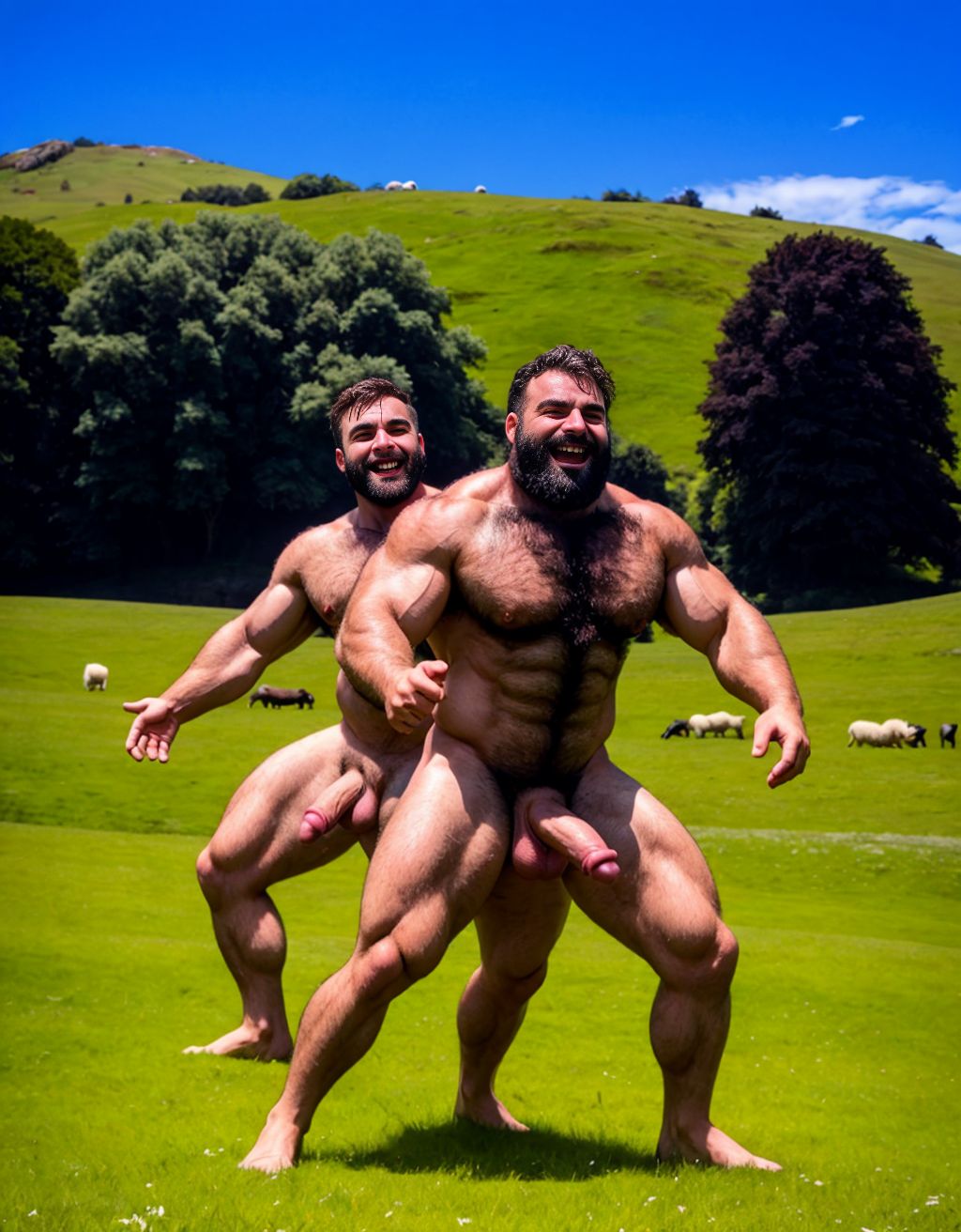 Dos hombres desnudos musculosos velludos son pastores de ovejas en el prado verde. Están contentos. Tienen el pene grande por donde sale semen líquido blanco. Tienen los testículos grandes y peludos. Están bailando valed sobre la hierba del prado.