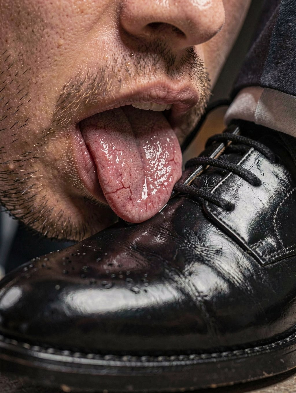 Primer plano muy cerrado de una boca masculina con barba incipiente y labios entreabiertos, sacando la lengua húmeda para lamer la puntera de un zapato de vestir negro de cuero brillante. La superficie del calzado aparece pulida, con reflejos intensos, pequeñas gotas y marcas de saliva sobre el empeine, junto a los cordones negros y el borde del pantalón oscuro sobre el tobillo. La escena tiene un tono fetichista y provocador, centrado en el contacto directo entre la lengua y el zapato, destacando la textura rugosa de la piel, la humedad de la boca y el brillo del cuero.