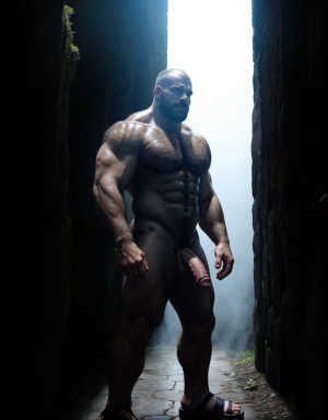 Hades está desnudo, es el dios del inframundo, en el mundo de los muertos, lugar tenebroso. Está desnudo. Tiene un pene muy grande y está erecto. Tiene cara de hombre fuerte. Tiene testículos muy grandes. Tiene sandalias negras en sus pies. Está de perfil. Tiene mucho vello. Tiene 30 años de edad. Está delgado