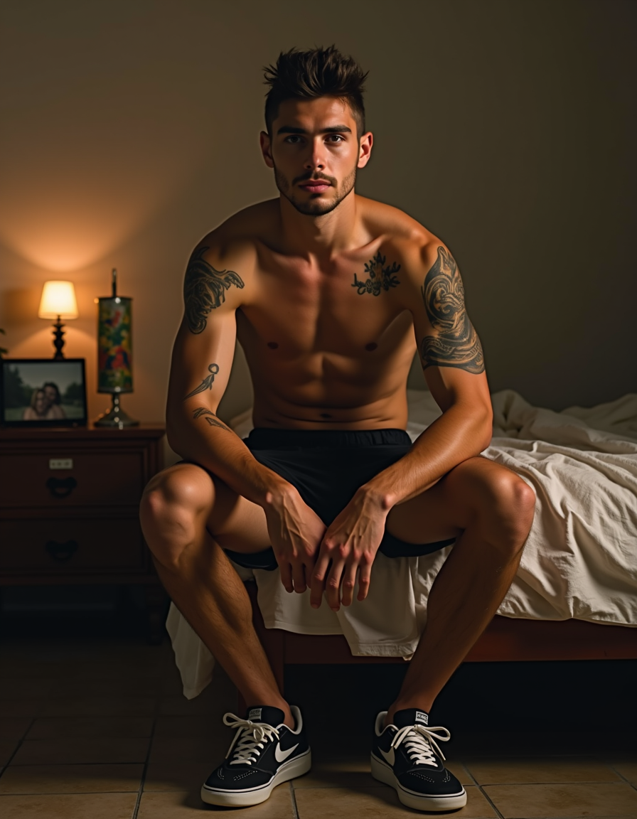 Hombre de 19 años con estilo scally, completamente desnudo, con tatuajes y cadena, mostrando su pene erguido, vistiendo solo zapatillas Nike negras y blancas que contrastan con el suelo desordenado de la habitación. Su cuerpo bronceado y musculoso destaca en la tenue luz cálida que proyecta la lámpara de la mesa de noche, resaltando su piel ligeramente sudorosa.

Tiene el cabello castaño claro despeinado y revuelto, con mechas oscuras que caen sobre su frente, y una barba incipiente en la barbilla que le da un toque de masculinidad. Sus ojos marrones oscuros miran directamente a la cámara con una expresión relajada y sensual, invitando a la intimidad. Sus cejas son espesas y oscuras, y su nariz es recta y bien definida, mientras que sus labios son finos y sensuales.

Sus hombros anchos y musculosos se unen a un pecho definido y un abdomen plano, destacando su físico atlético. Sus caderas estrechas y piernas musculosas completan su figura, y los tatuajes de estilo tribal en su brazo izquierdo y la serpiente en su torso derecho añaden un toque de misterio y osadía a su apariencia.

La habitación desordenada que lo rodea, con ropa tirada en el suelo y una camiseta blanca arrugada, contrasta con su presencia segura y descarada, como si estuviera desafiando al espectador a acercarse. La luz tenue y cálida de la lámpara crea un ambiente relajado y tranquilo, pero su mirada y su postura sugieren una invitación a la intimidad.