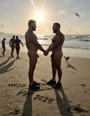 Día de Año Nuevo 2026. Dos hombres llamados Juan y Pedro, tienen sandalias pero están totalmente desnudos. 

Juan es un hombre de 50 años de edad, muy atlético y tiene sus músculos muy definidos y es muy peludo, está totalmente desnudo, tiene un pene largo erecto de 36cm de longitud y 9cm de diámetro, tiene cabello negro largo ondulado y desordenado, tiene mucho vello pectoral, tiene piernas masculinas con abundante vello, tiene brazos peludos,  su cara tiene forma cuadrada tiene mentón prominente con hoyuelo muy pronunciado y muy masculino, su barba está bien afeitada y su cara está muy limpia resaltando sus facciones masculinas. 

Pedro es un hombre de 58 años de edad con músculos marcados sin grasa, está totalmente desnudo, tiene un pene largo de 39 cm de longitud y 9 cm de diámetro, tiene cabello pelirrojo rizado abundante y largo de color rojo, tiene abundante vello pelirrojo pectoral de color rojo oscuro en abundancia, tiene piernas masculinas con mucho vello, tiene brazos peludos y muy masculinos. Pedro tiene presencia atlética y es muy peludo, mucho pelo por todo su cuerpo. 

Pedro y Juan enseñan sus músculos muy marcados y bien definidos, están de pie cogidos de la mano en la arena de la playa con olas azules y con el Sol amaneciendo reflejándose los primeros rayos del Sol sobre el agua del mar al amanecer mientras vuelan dos gaviotas. En la arena de la playa está trazado el texto: 