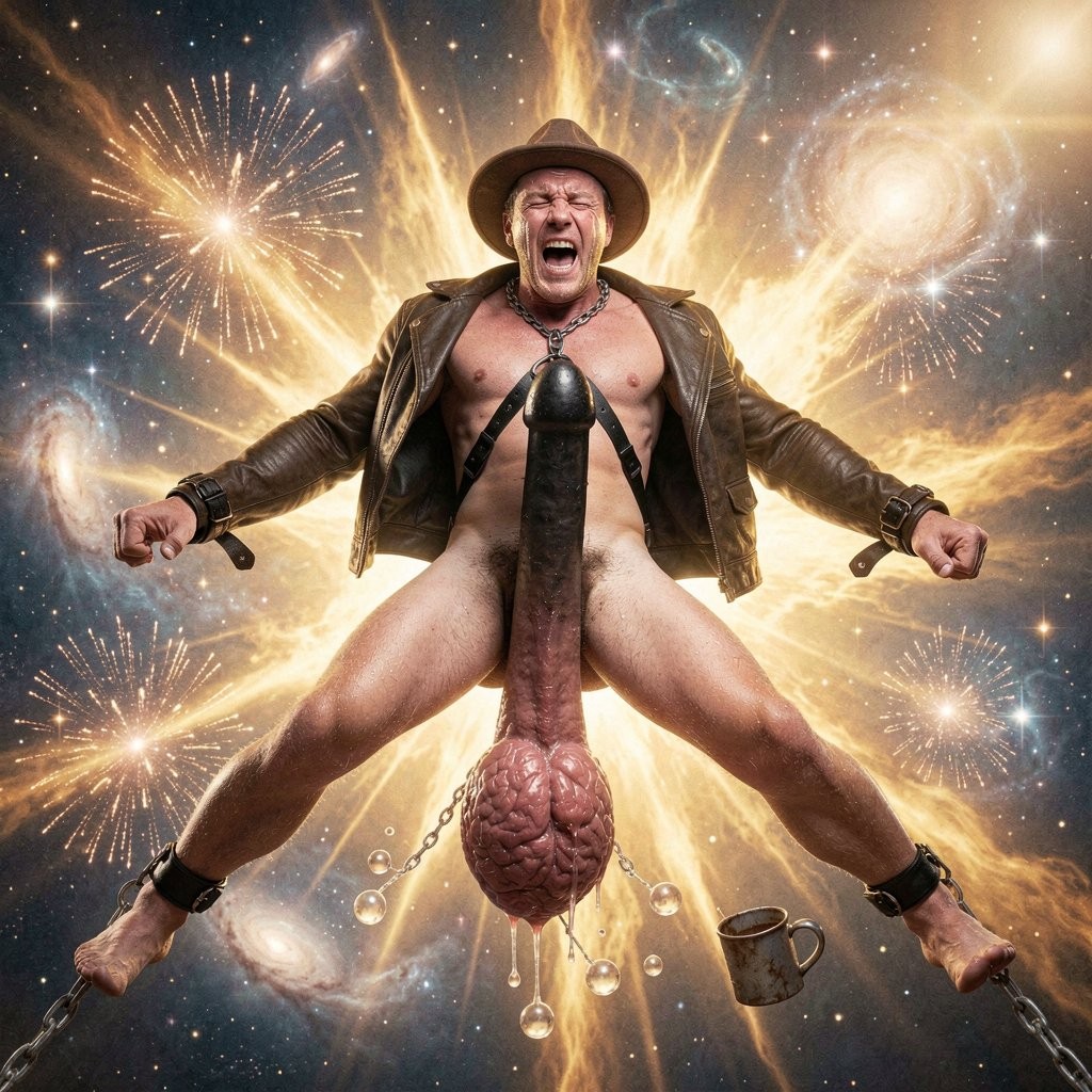 Un hombre desnudo posa con las piernas abiertas y los brazos tensos en una escena surrealista de estética cósmica, con un sombrero de ala ancha, chaqueta de cuero abierta, correas negras cruzadas sobre el pecho y grilletes en muñecas y tobillos unidos a cadenas. Su pene aparece exageradamente largo y erecto, colgando hacia el centro, con los testículos grandes bajo él, mientras grita con expresión intensa. El fondo combina galaxias, nebulosas, estrellas, explosiones de luz dorada y fuegos artificiales, creando una composición fantástica y provocadora. También se ven pequeños adornos colgantes, burbujas brillantes y una taza metálica flotando cerca de una pierna, reforzando el tono absurdo, teatral y sexualmente explícito de la imagen.