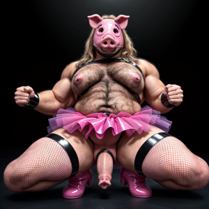 Mujer trans vestida de latex ajustado, botas altas de cuero, realizando fisting a hombre gordo, musculoso y peludo, que lleva medias de red, tutú rosa y máscara de cerdo, en un ambiente oscuro y sensual.