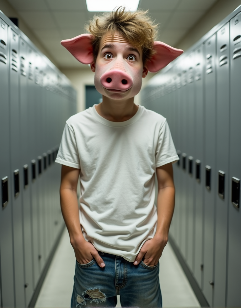 un joven de 20 años con una nariz de cerdo prominente y rosa en lugar de una nariz humana, su rostro muestra una expresión de preocupación y ansiedad, con cejas fruncidas y ojos castaños que parecen buscar algo, viste una camiseta blanca y pantalones vaqueros desgastados, está de pie en un pasillo de instituto con lockers de metal gris a su alrededor, su cabello castaño claro está despeinado y tiene una mirada de inquietud, su postura es encorvada y sus manos están metidas en los bolsillos, la nariz de cerdo es el foco de atención y parece ser el motivo de su preocupación, hyper-realista foto con detalles de alta calidad.