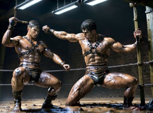 (masterpiece), (alta resolución), (fotografía ultra realista:1.3), RAW photo, iluminación dramática, enfoque nítido, composición dinámica, dos hombres musculosos, ambos con arnés de cuero negro, cuerpos atléticos y definidos, luchando intensamente en el barro, piel cubierta de barro, músculos tensos y brillantes, expresión de esfuerzo y concentración, escenario de mazmorra, paredes de piedra, cadenas y antorchas en el fondo, ambiente oscuro y húmedo, detalles intrincados de los arneses, barro salpicando, textura detallada de la piel y el barro, fotografía de acción, captura de movimiento, 8K, calidad DSLR, aspecto cinematográfico, sombras realistas, atmósfera intensa y erótica.