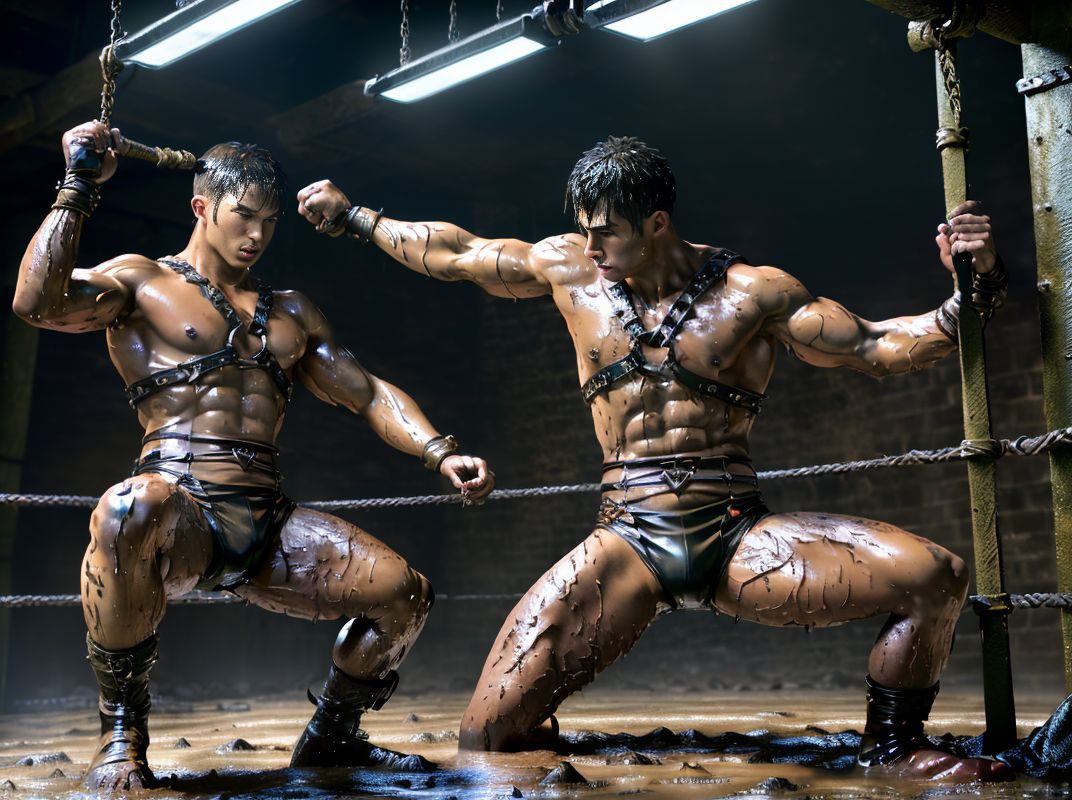 (masterpiece), (alta resolución), (fotografía ultra realista:1.3), RAW photo, iluminación dramática, enfoque nítido, composición dinámica, dos hombres musculosos, ambos con arnés de cuero negro, cuerpos atléticos y definidos, luchando intensamente en el barro, piel cubierta de barro, músculos tensos y brillantes, expresión de esfuerzo y concentración, escenario de mazmorra, paredes de piedra, cadenas y antorchas en el fondo, ambiente oscuro y húmedo, detalles intrincados de los arneses, barro salpicando, textura detallada de la piel y el barro, fotografía de acción, captura de movimiento, 8K, calidad DSLR, aspecto cinematográfico, sombras realistas, atmósfera intensa y erótica.