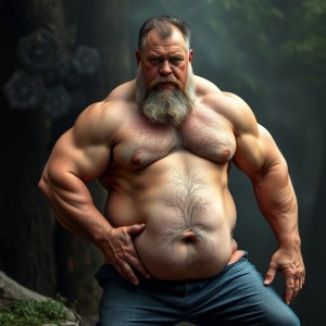 Macho rustico,  maduro y fofisano, musculoso y con barriga, barba larga en un entorno campestre. 
