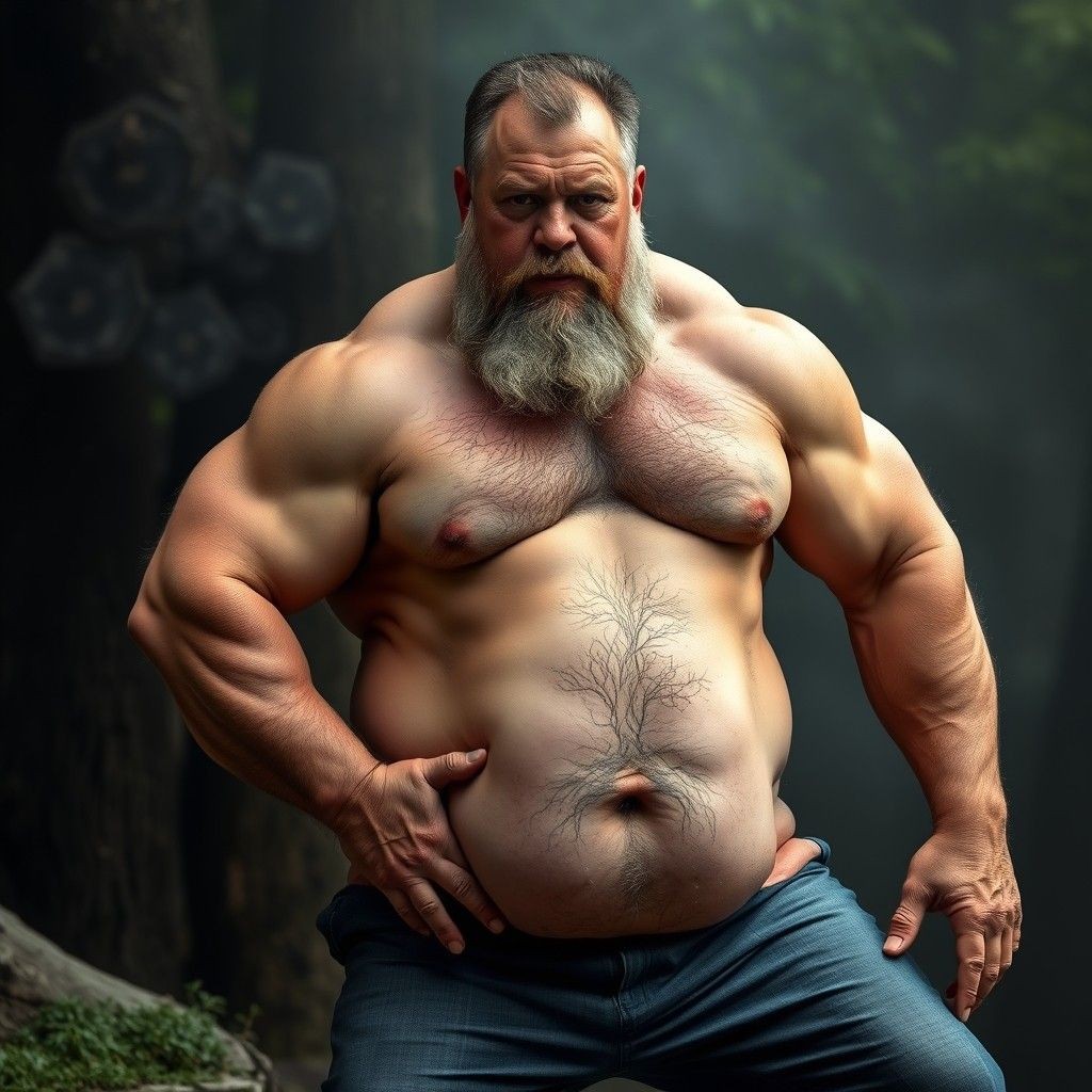 Macho rustico,  maduro y fofisano, musculoso y con barriga, barba larga en un entorno campestre. 