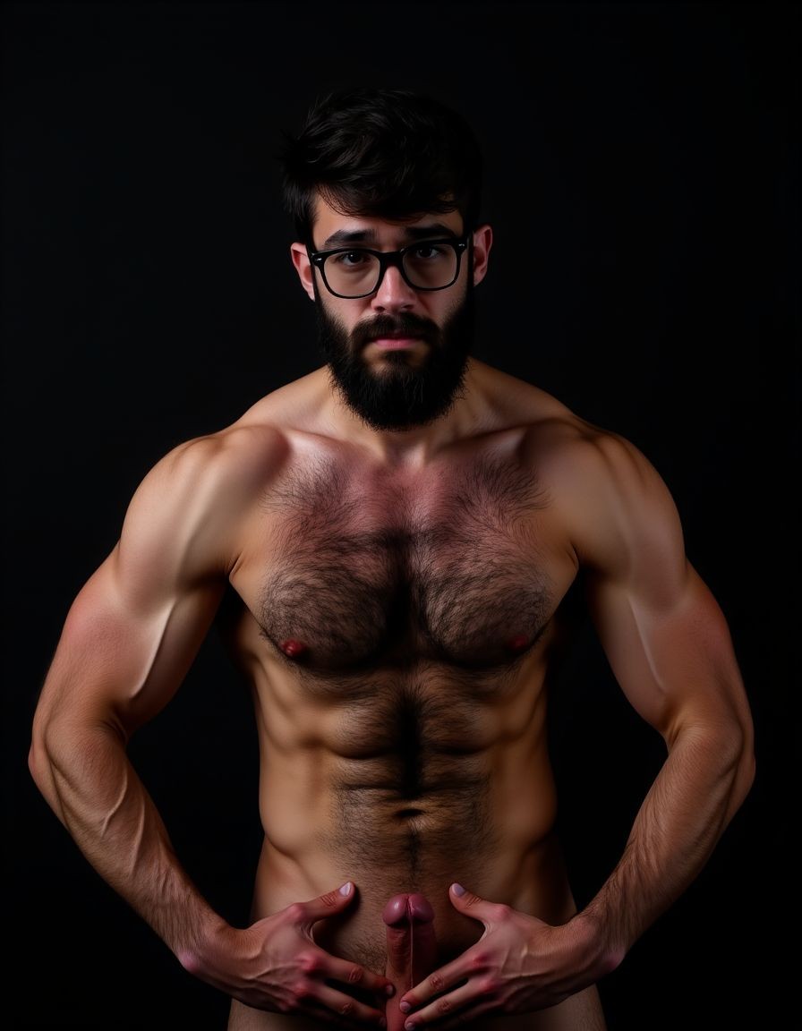 Fotografía hiperrealista de un hombre adulto musculoso a la vista desde los pies para arriba hasta la cabeza, tiene cuerpo muy delgado con músculos marcados y definidos, rostro masculino idéntico a la imagen de referencia, está totalmente desnudo con polla erecta de treinta centímetros de longitud y ocho centímetros de diámetro, tiene rasgos marcados duros expresivos, barba densa poblada tupida oscura estilo hipster cubriendo completamente mandíbula mentón mejillas con grosor uniforme textura abundante muy definida, bigote denso tupido oscuro conectado perfectamente con la barba completa cubriendo completamente el labio superior, pelo oscuro medio peinado completamente recto hacia arriba con volumen considerable estilo hipster moderno quiff puntas verticales texturizadas hacia el cielo con altura prominente, cejas gruesas oscuras pobladas muy marcadas definidas, gafas de montura completa negra cuadradas grandes estilo hipster moderno sobre el puente de la nariz enmarcando unos ojos oscuros intensos que miran directamente a cámara con expresión seria penetrante confiada, expresión facial seria masculina sin sonrisa con mirada directa desafiante, pómulos marcados definidos angulares, nariz recta proporcionada, labios medios apenas visibles completamente cubiertos por bigote denso que conecta con la barba hipster completa, torso desnudo muy musculoso con pectorales enormes desarrollados y definidos, hombros anchos musculosos deltoide prominentes, brazos musculosos gruesos con bíceps y tríceps marcados visibles a ambos lados del cuerpo, abdomen tonificado marcado visible desde la cintura, piel con textura realista detallada poros imperfecciones sutiles, vello corporal denso oscuro abundante cubriendo pectorales abdomen brazos hombros con textura natural masculina muy visible, tatuaje en tinta negra en el bíceps del brazo derecho con la palabra exacta 