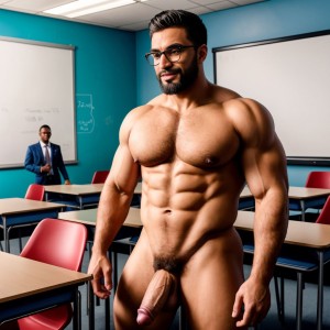 Maestro desnudo en aula llena de estudiantes, con pene duro y visible, muy velludo, barba, gafas, gotas de semen en su pene, muchos estudiantes alrededor.