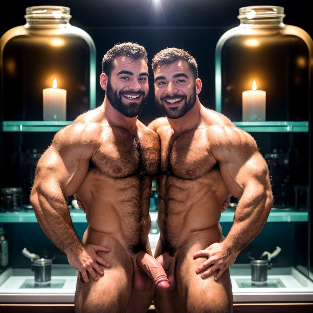 Dentro de un tarro de cristal transparente con miniaturas de tres hombres desnudos musculosos velludos dentro. Están contentos y alegres. Están separados y no se tocan con las manos por pudor. Tienen el pene grande. Tienen los huevos grandes y peludos.