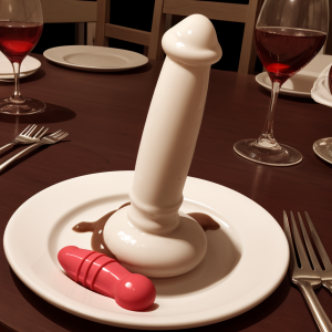 Un pene blanco de aspecto cerámico o de silicona aparece colocado verticalmente sobre un plato blanco en una mesa de comedor, presentado casi como un postre decorativo con una salsa marrón alrededor de la base. Junto a él hay un pequeño objeto rojo con forma de pene, segmentado como un caramelo o adorno erótico, apoyado en el borde del plato. La escena está ambientada como una cena formal, con copas de vino tinto, cubiertos metálicos, platos vacíos y sillas de madera al fondo, creando un contraste llamativo entre la vajilla elegante, la iluminación cálida y el contenido sexual explícito de la composición.