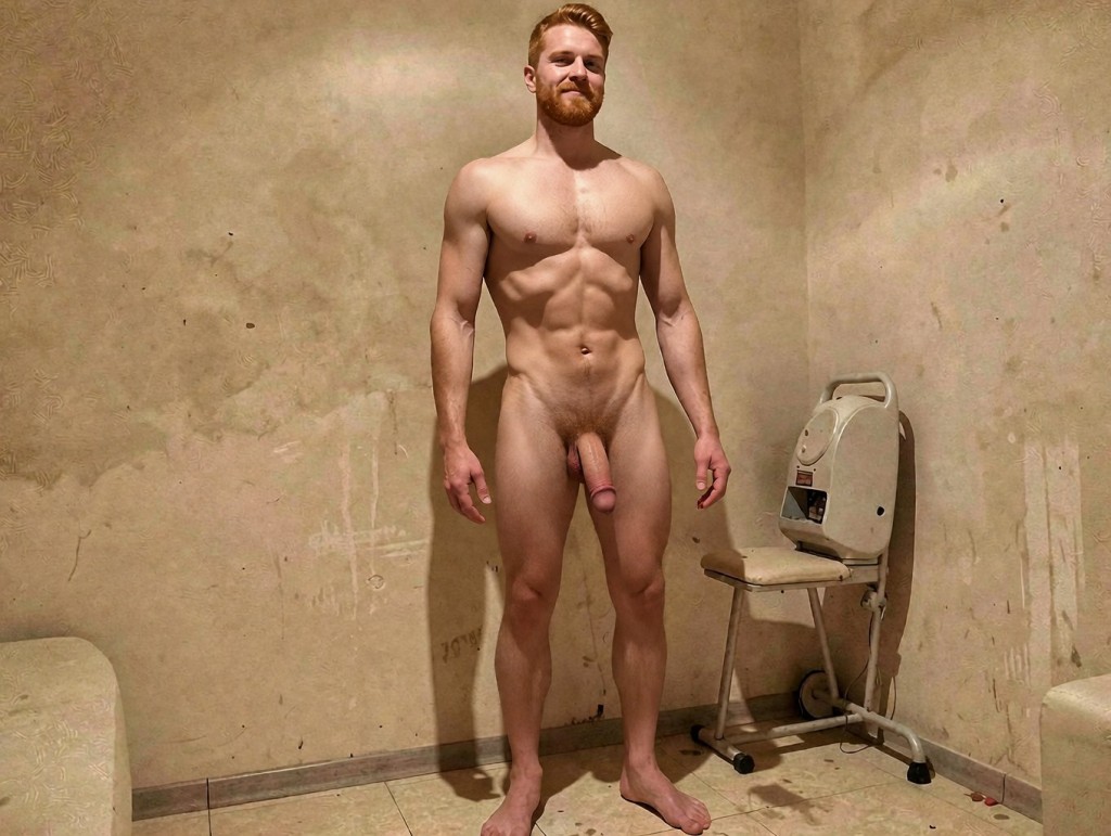 Un hombre desnudo de complexión atlética y muy musculada posa de pie frente a la cámara, con el cuerpo completamente visible, abdominales marcados, pecho definido, piernas fuertes y el pene flácido expuesto. Tiene piel clara, pelo corto pelirrojo y barba rojiza, con una expresión neutra y postura relajada, los brazos caídos a los lados y los pies descalzos sobre un suelo de baldosas. El entorno parece una habitación austera o clínica deteriorada, con paredes beige desgastadas, manchas y grietas, iluminación cálida y una silla médica o de examen vieja situada a la derecha, junto a un pequeño banco o camilla parcialmente visible.