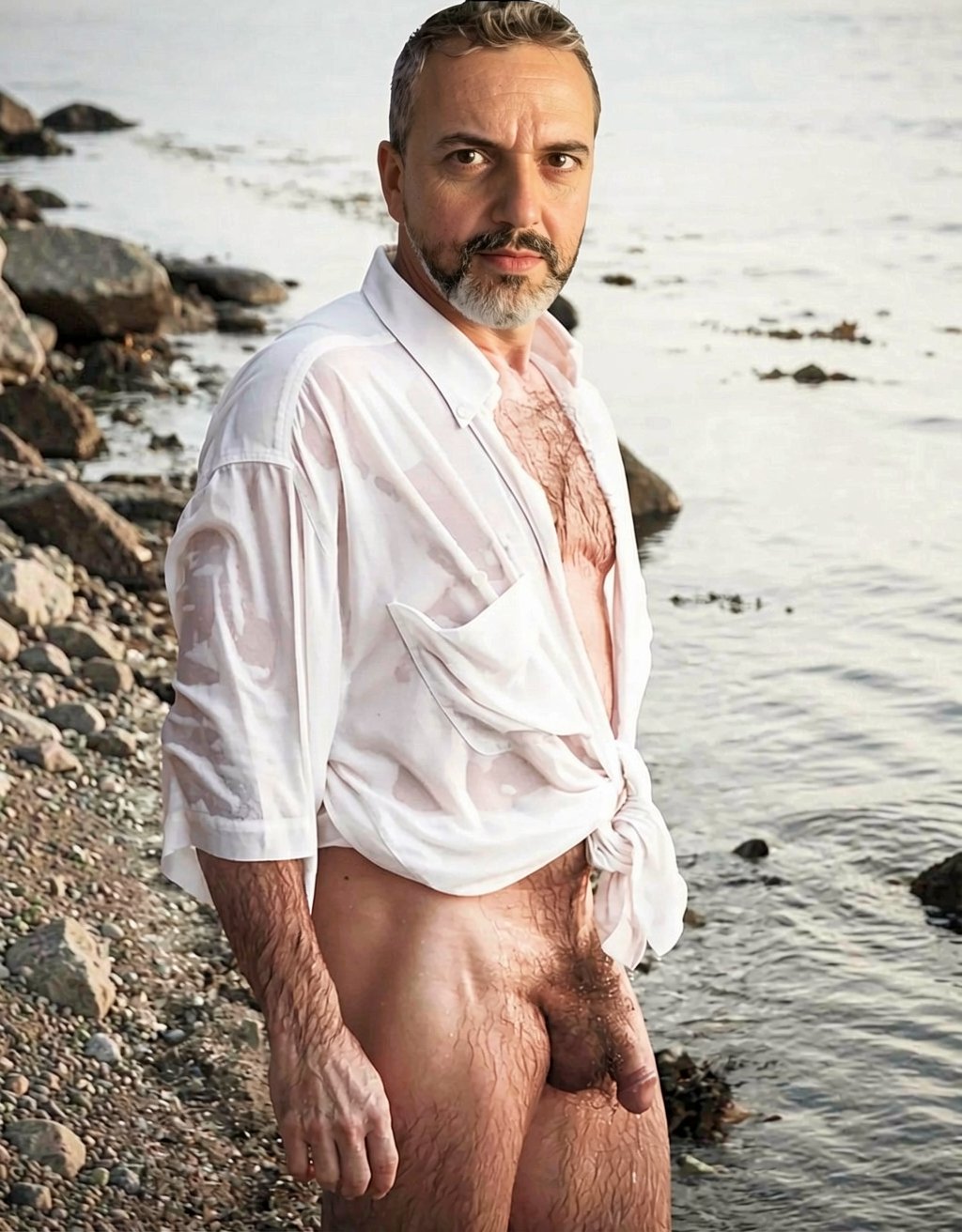 Un hombre maduro posa de pie en una playa rocosa junto al agua, con expresión seria y mirada directa a la cámara. Lleva una camisa blanca mojada, abierta y anudada a la altura del abdomen, que deja ver el pecho con vello, el torso y la zona púbica. La parte inferior del cuerpo está desnuda, con el pene visible entre el vello corporal, mientras una mano cae relajada junto al muslo. El entorno costero incluye piedras, rocas oscuras, orilla húmeda y mar tranquilo al fondo, creando una escena natural, íntima y explícita con luz suave de exterior.